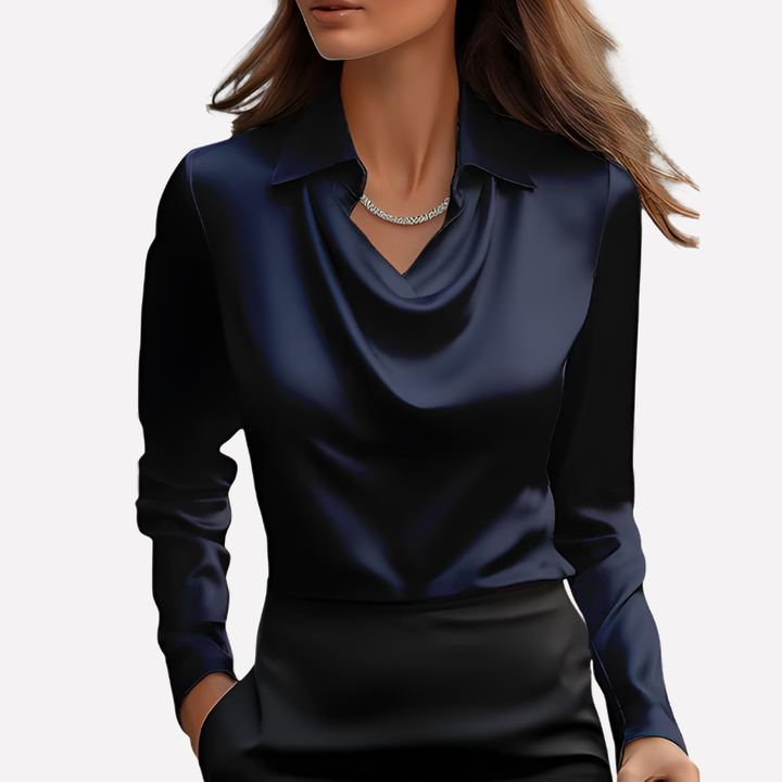Sophisticated women's blouse featuring a unique draped collar and comfortable relaxed fit for modern style.
