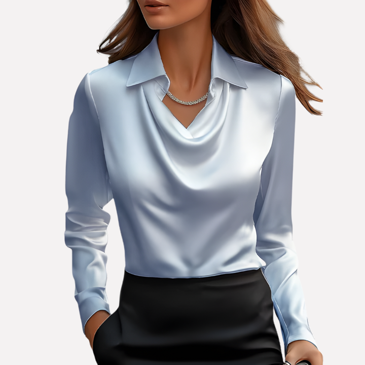 Women's soft long sleeve blouse with a graceful draped collar, offering an elegant and relaxed fit.
