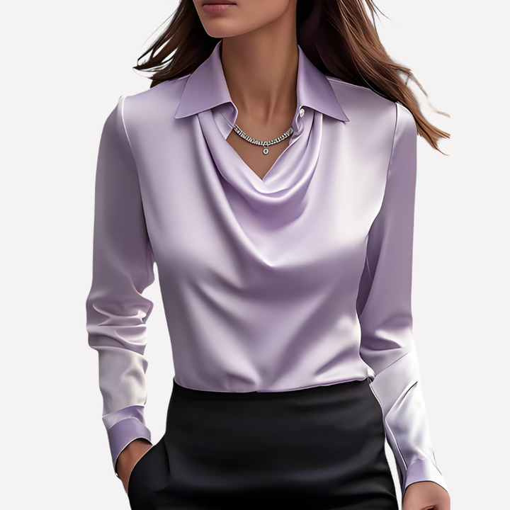 Modern women's long sleeve blouse with a chic draped collar, perfect for versatile sophisticated styling.