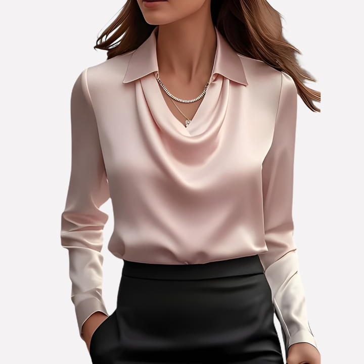 Comfortable women's long sleeve blouse with a stylish draped collar, perfect for an elegant relaxed fit.