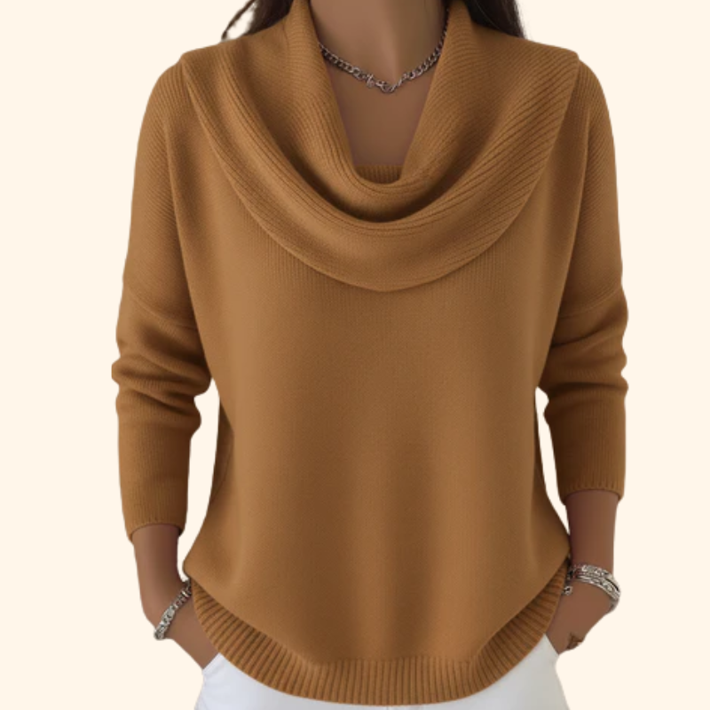 Cozy long sleeve women's cowl neck pullover jumper with a stylish draped collar for cold weather elegance.