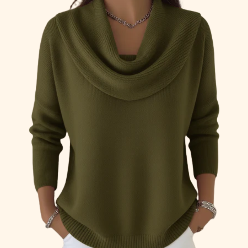 Stylish women's draped cowl neck sweater, a cozy long sleeve jumper perfect for casual or elegant winter outfits.