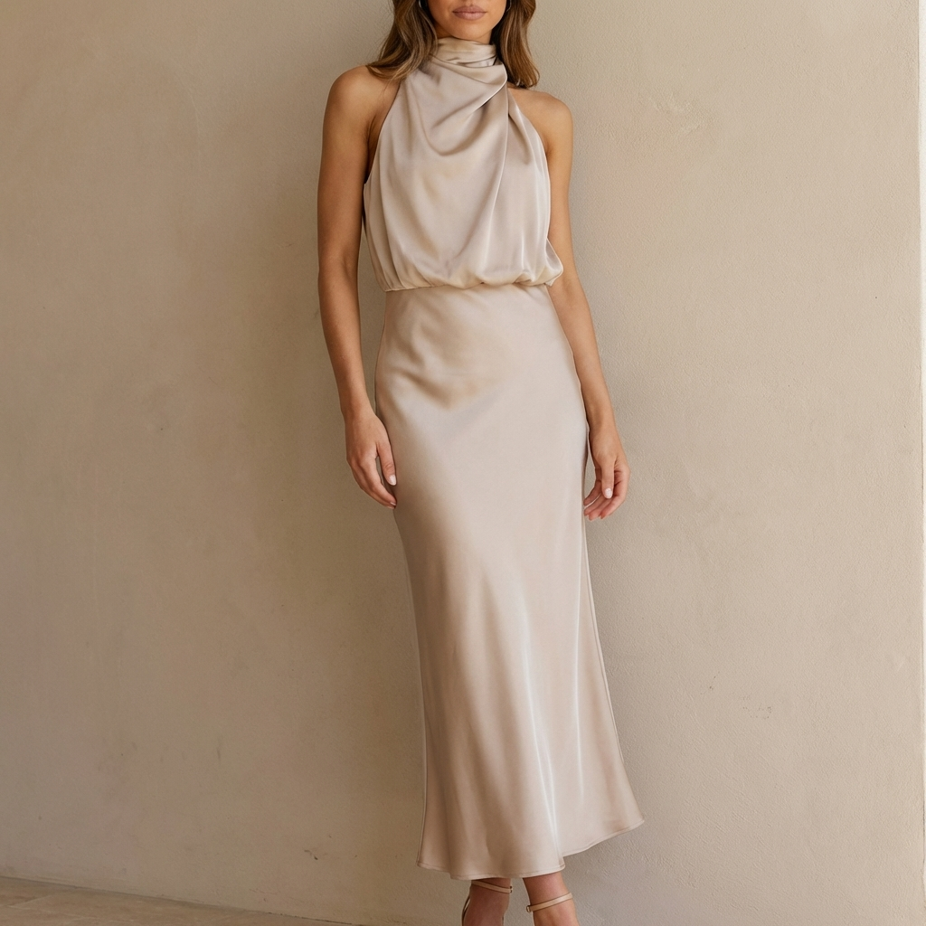 Elegant women's draped halter neck midi dress with a stylish blouson waist, perfect for special occasions.