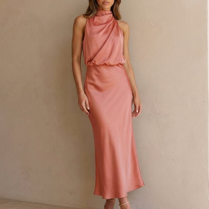 Draped halter neck midi dress for women, an elegant choice for special occasions and sophisticated events.