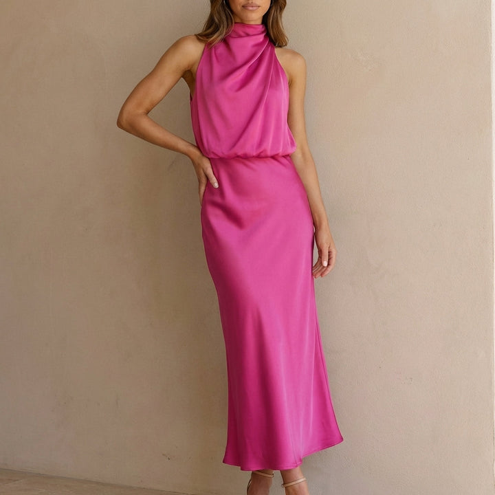 Versatile sleeveless midi dress for women, with a draped halter neck and stylish blouson waist fit.