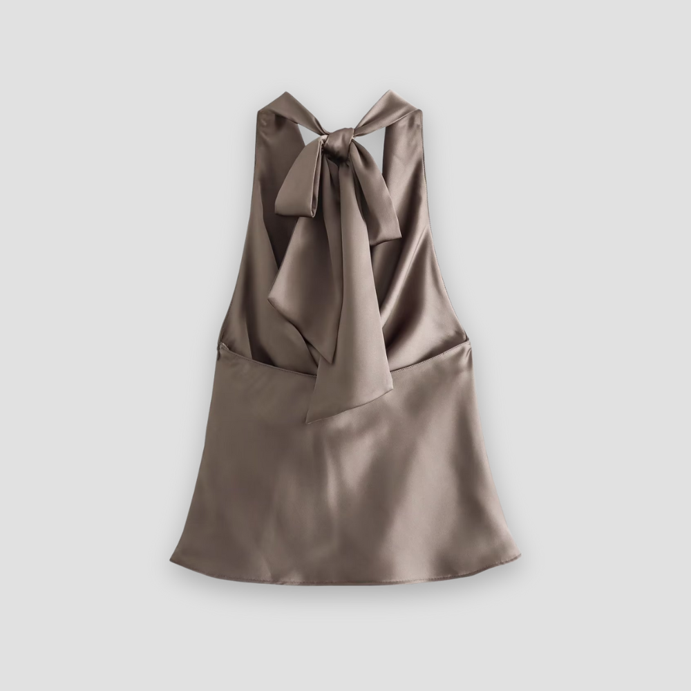 Sleek black halter neck satin top with flowing cowl neck drape, a fashionable sleeveless design.