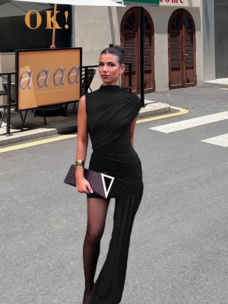 Chic women's sleeveless cocktail mini dress with asymmetrical drape. Perfect elegant evening wear for parties.
