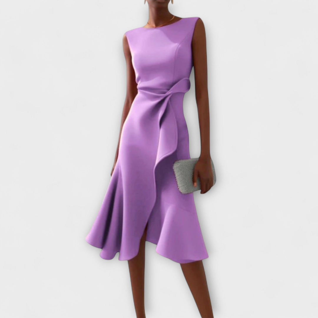 Sophisticated women's occasion dress, a draped midi with elegant ruffle detail, ideal for evening wear.