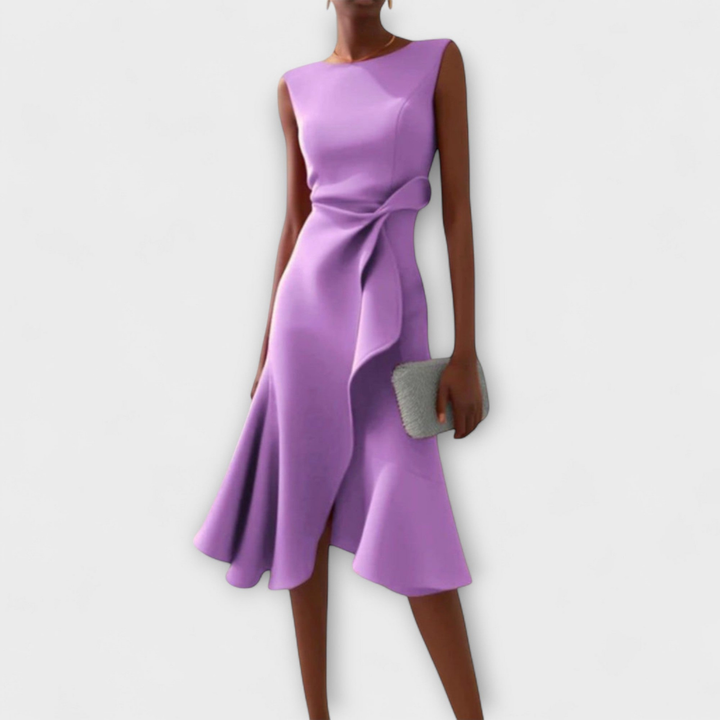Sophisticated women's occasion dress, a draped midi with elegant ruffle detail, ideal for evening wear.