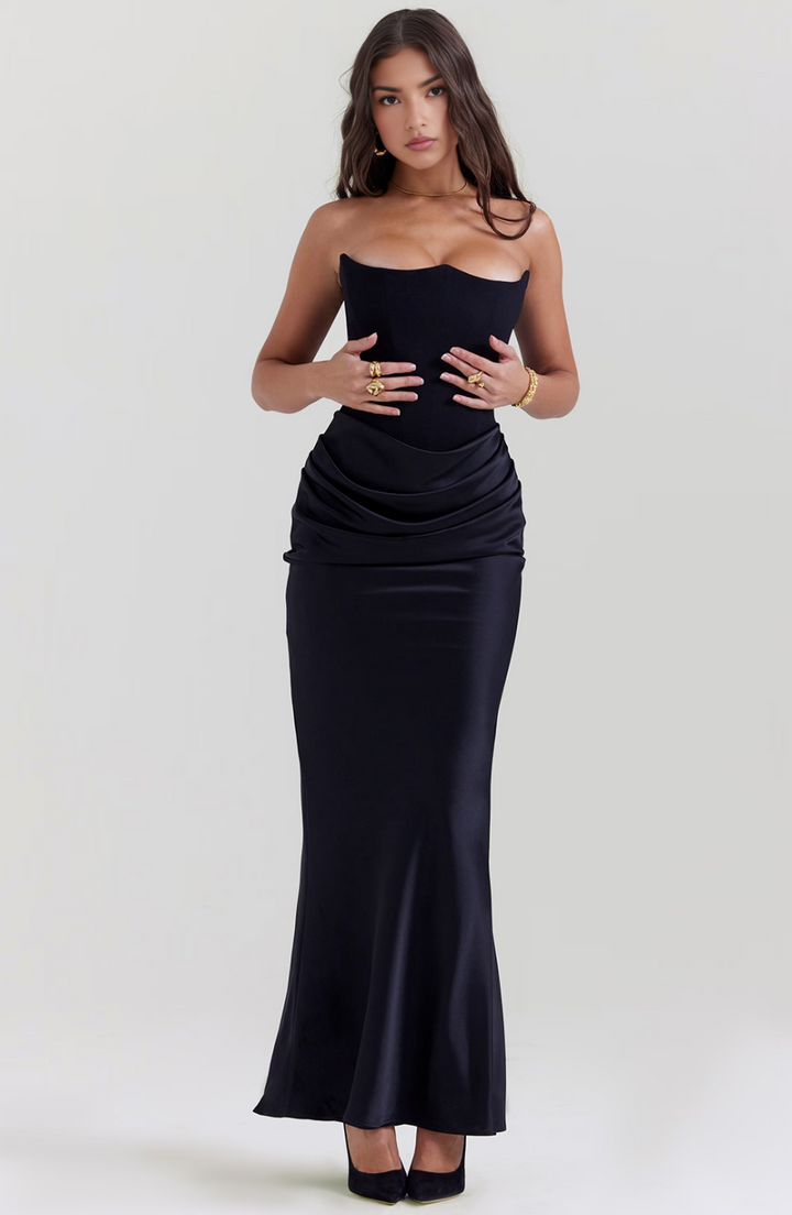 Prom-ready: Women's elegant draped strapless gown with a flattering column fit.