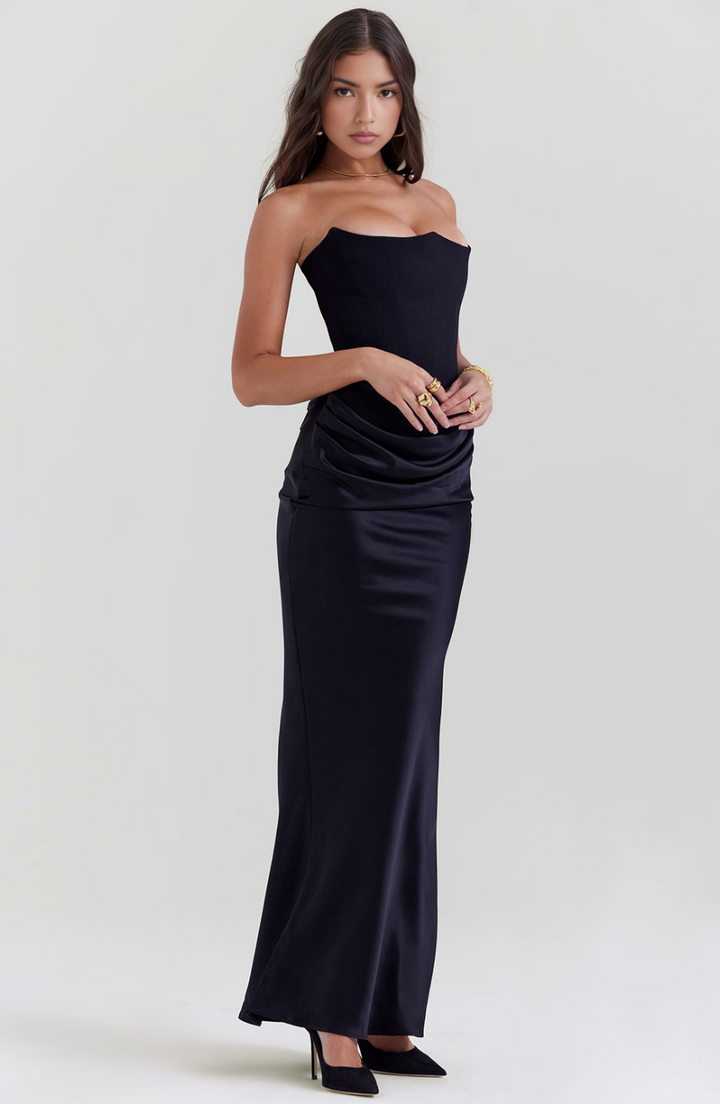 Sweetheart neckline strapless homecoming dress, elegantly draped column style.