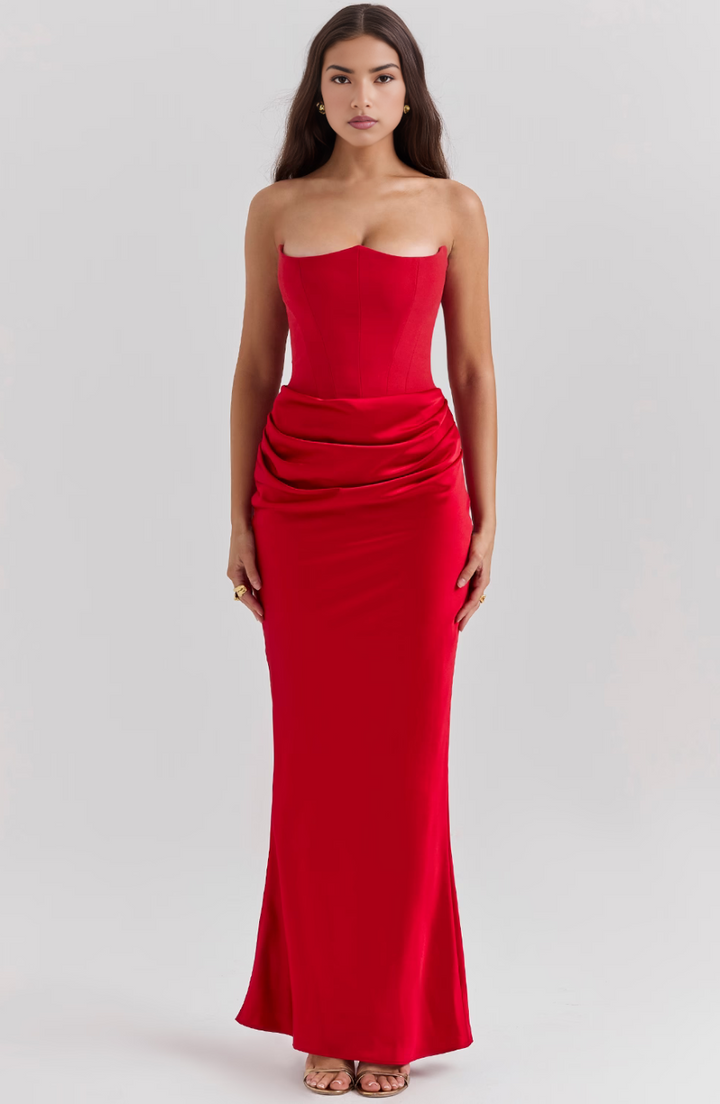 Classic draped column homecoming dress, women's strapless design for elegance.