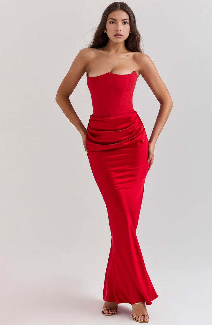 Glamorous strapless evening gown for women, featuring exquisite draped details.