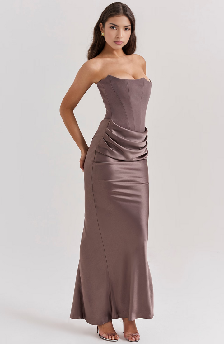 Women's draped strapless formal dress, perfect for any elegant occasion.