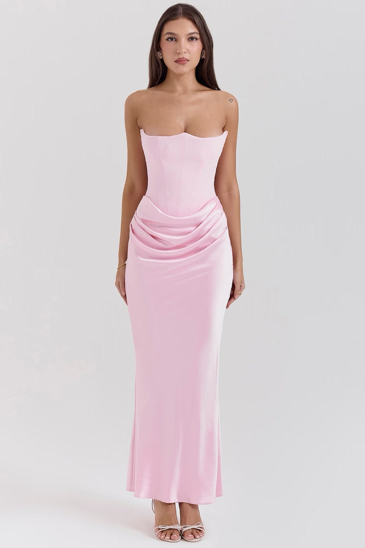 Chic strapless sweetheart evening gown with delicate draping, perfect for prom.
