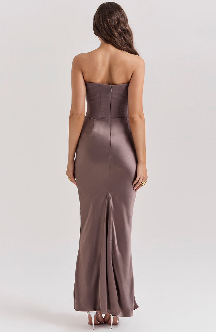 Beautifully draped strapless column dress, ideal for women's formal events.