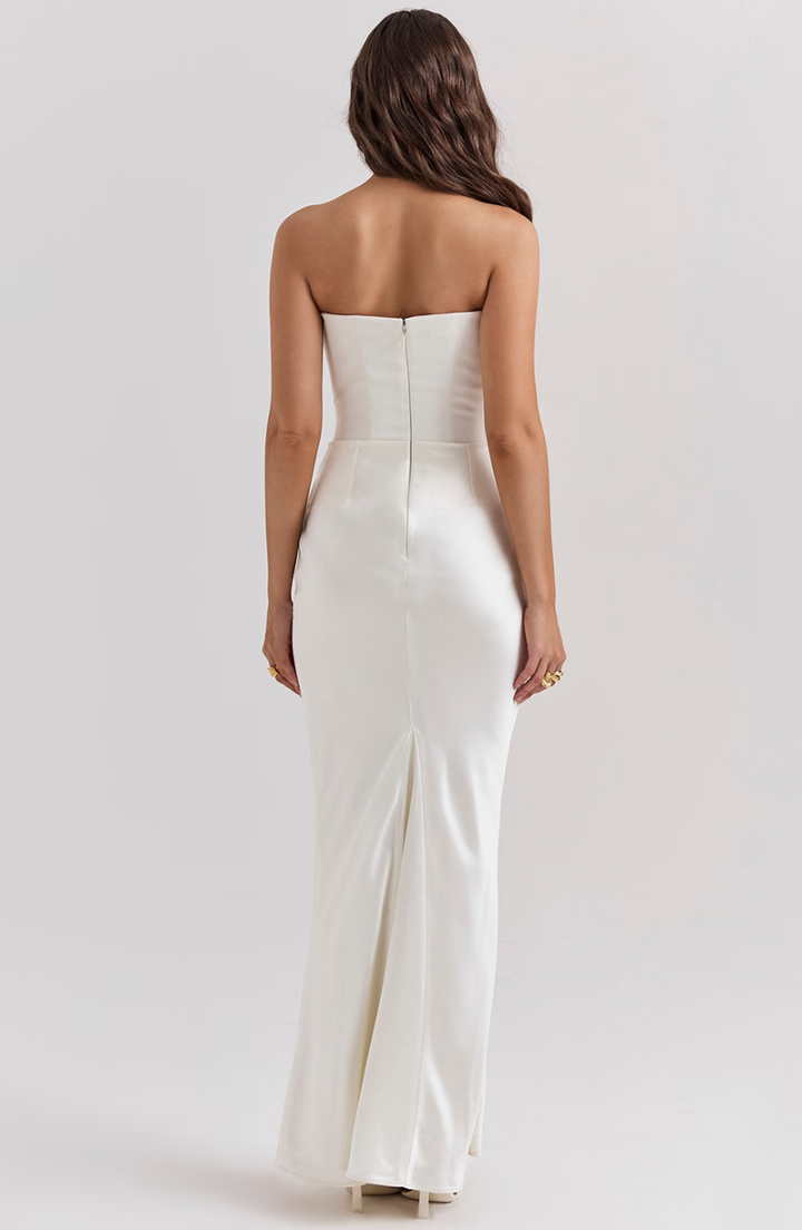 Formal occasion wear: Draped strapless column gown, refined and sophisticated.