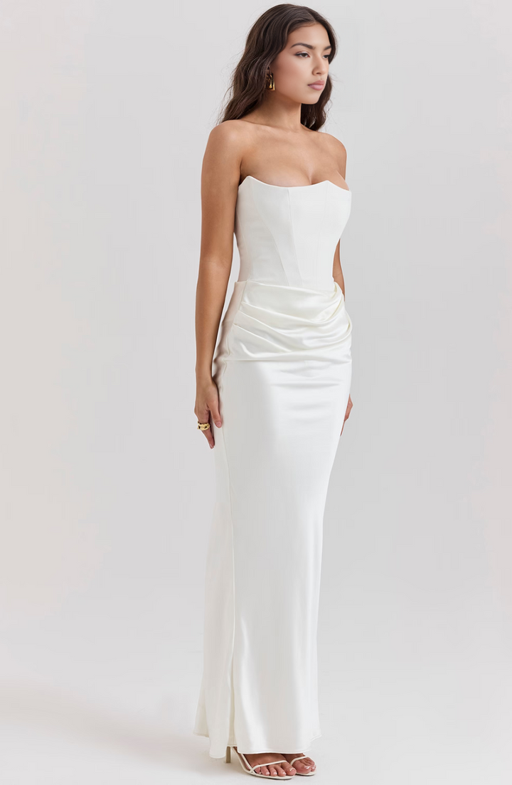 Stylish strapless column dress for women, featuring an elegant draped design.