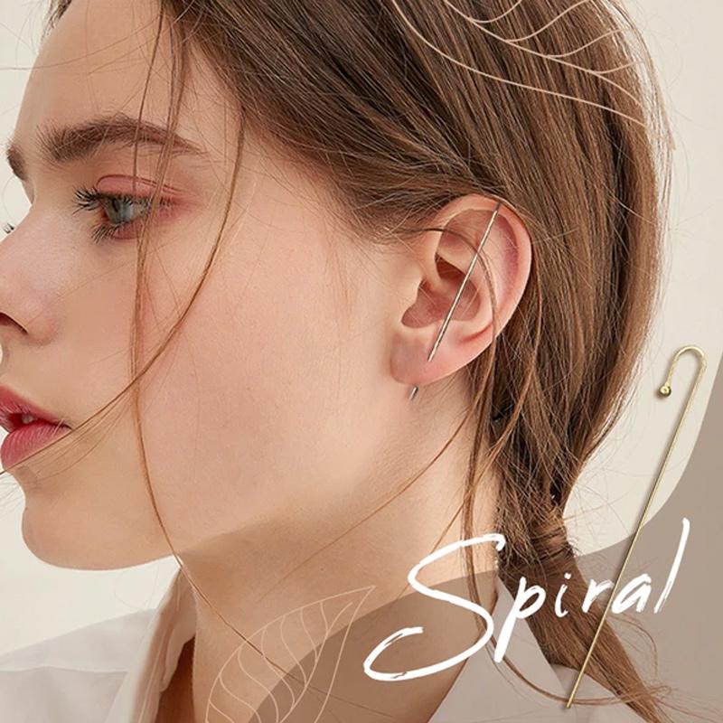Single women's ear wrap crawler earring, gold-tone base with a row of dazzling rhinestones. Angled view.