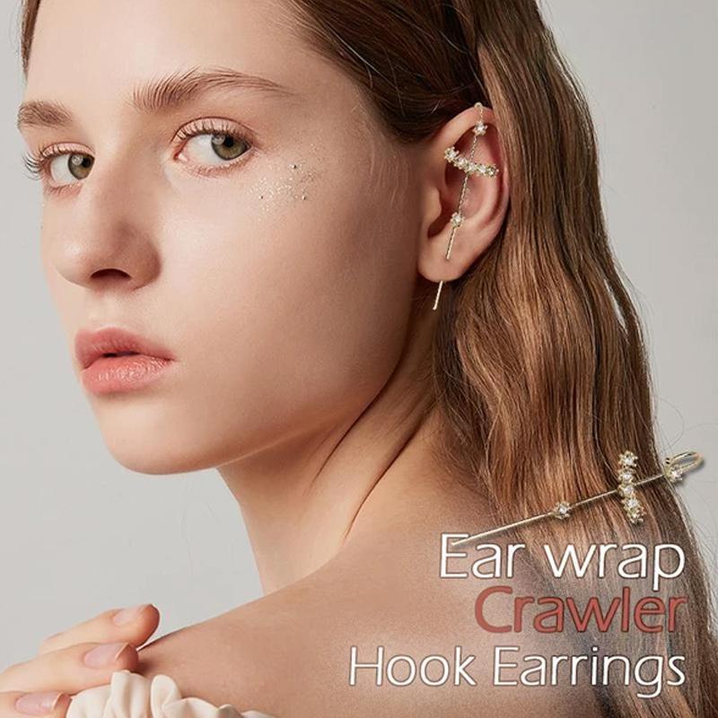 Close-up of a women's hypoallergenic ear wrap crawler earring, showcasing rhinestone details and secure fit.