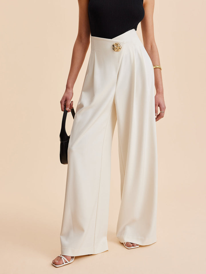 Comfortable women's high-waist wide-leg long pants. Sophisticated workwear or chic casual, with subtle embellishment.