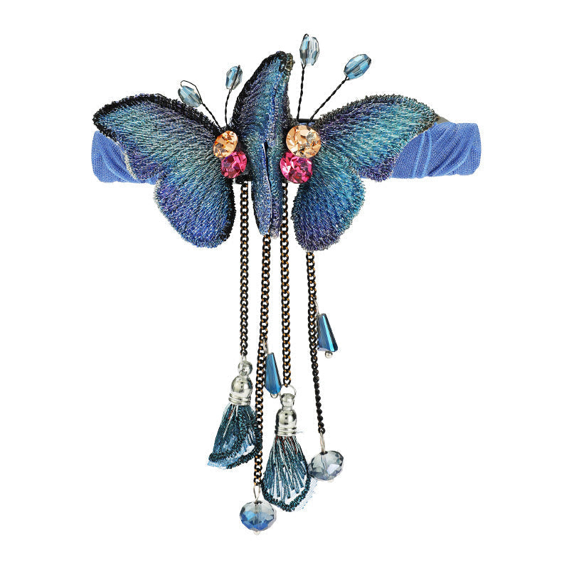 Embroidered butterfly hair clip for women with sparkling rhinestones and elegant fringe, a lovely gift.