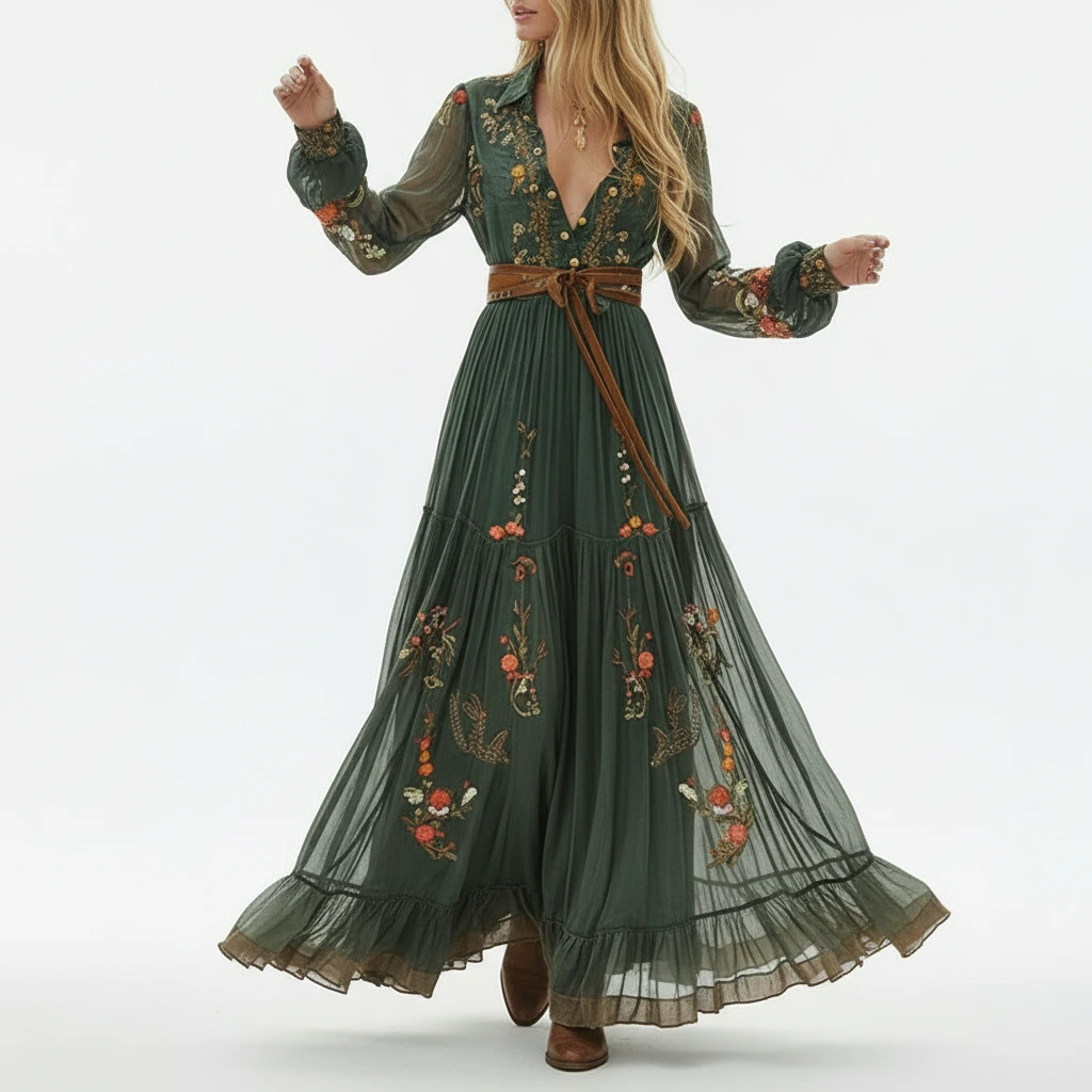 Elegant women's embroidered long sleeve boho maxi dress with flowing fabric and delicate floral patterns.