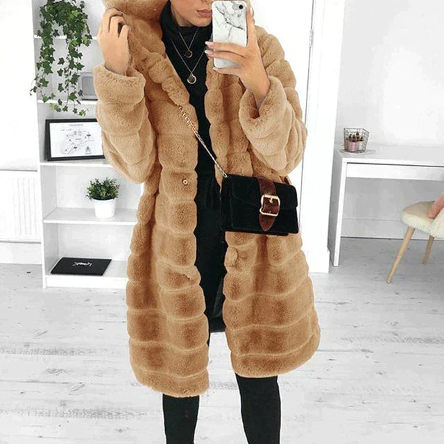 Women's plush faux fur coat, button-down design, stylish and warm winter outerwear