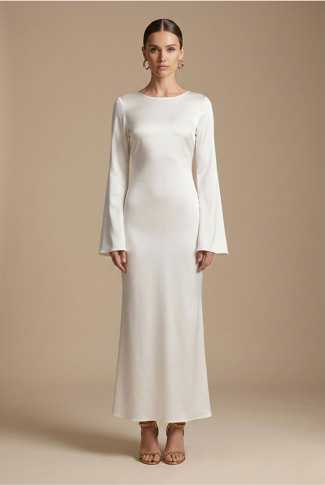Elegant women's flare sleeve column maxi dress. Perfect formal evening gown for special occasions.