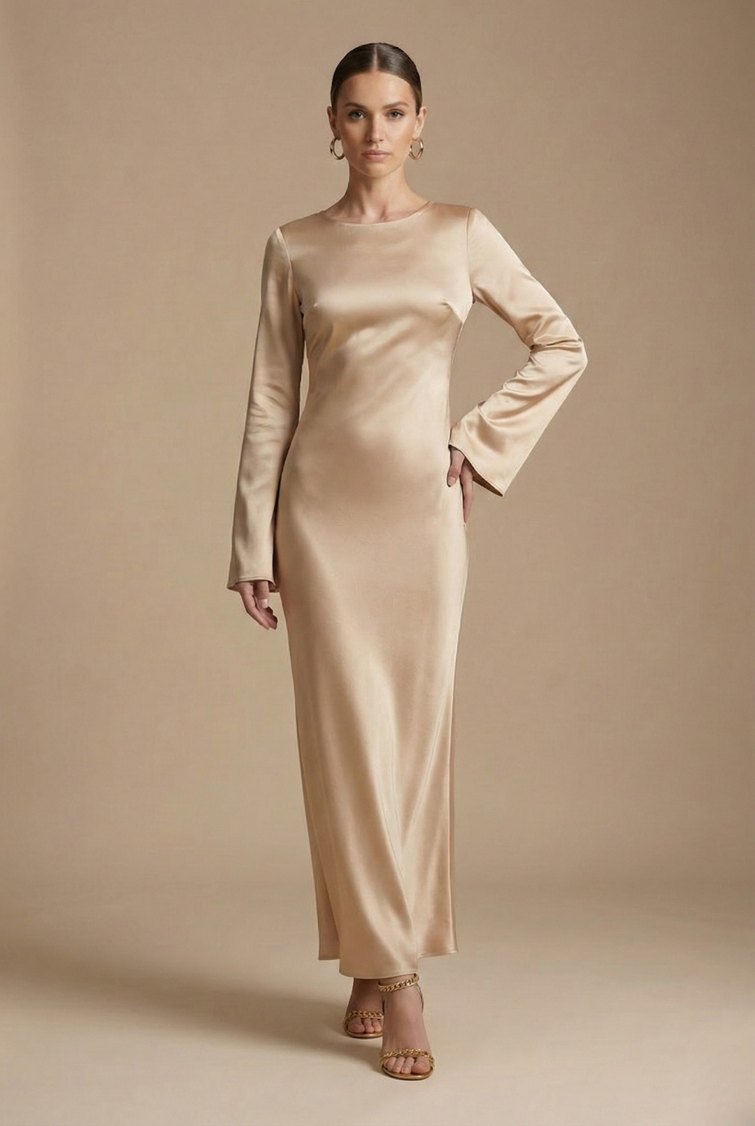 Stylish women's long flare sleeve column maxi dress, a perfect choice for elegant special occasions.