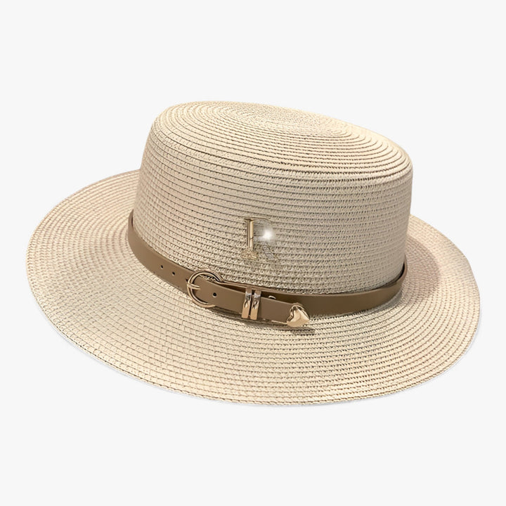 Stylish women's straw flat crown hat, a must-have elegant summer and travel accessory.