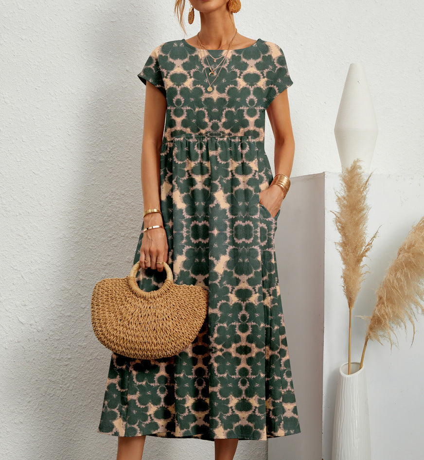 Elegant women's floral A-line summer dress with short sleeves, comfortable for casual or day wear.