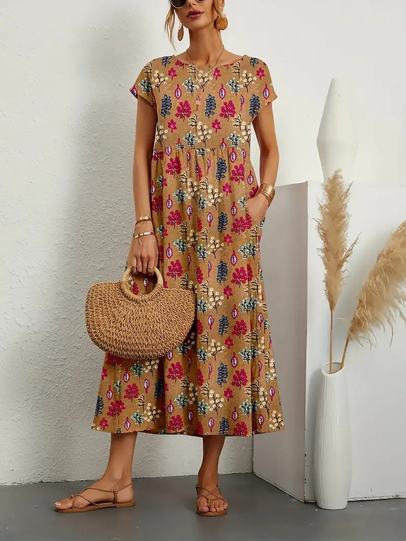 Chic women's short-sleeve A-line floral dress with practical pockets, ideal for a stylish, comfortable look.