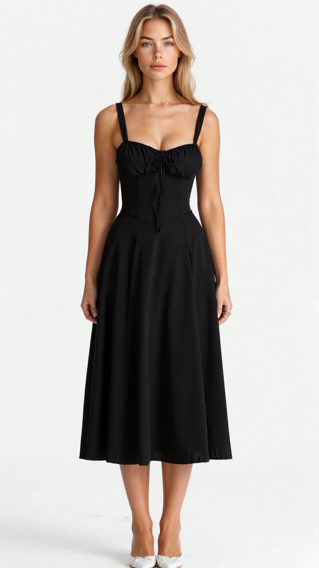 Stylish woman wearing a floral corset midi dress, perfect for day or evening events