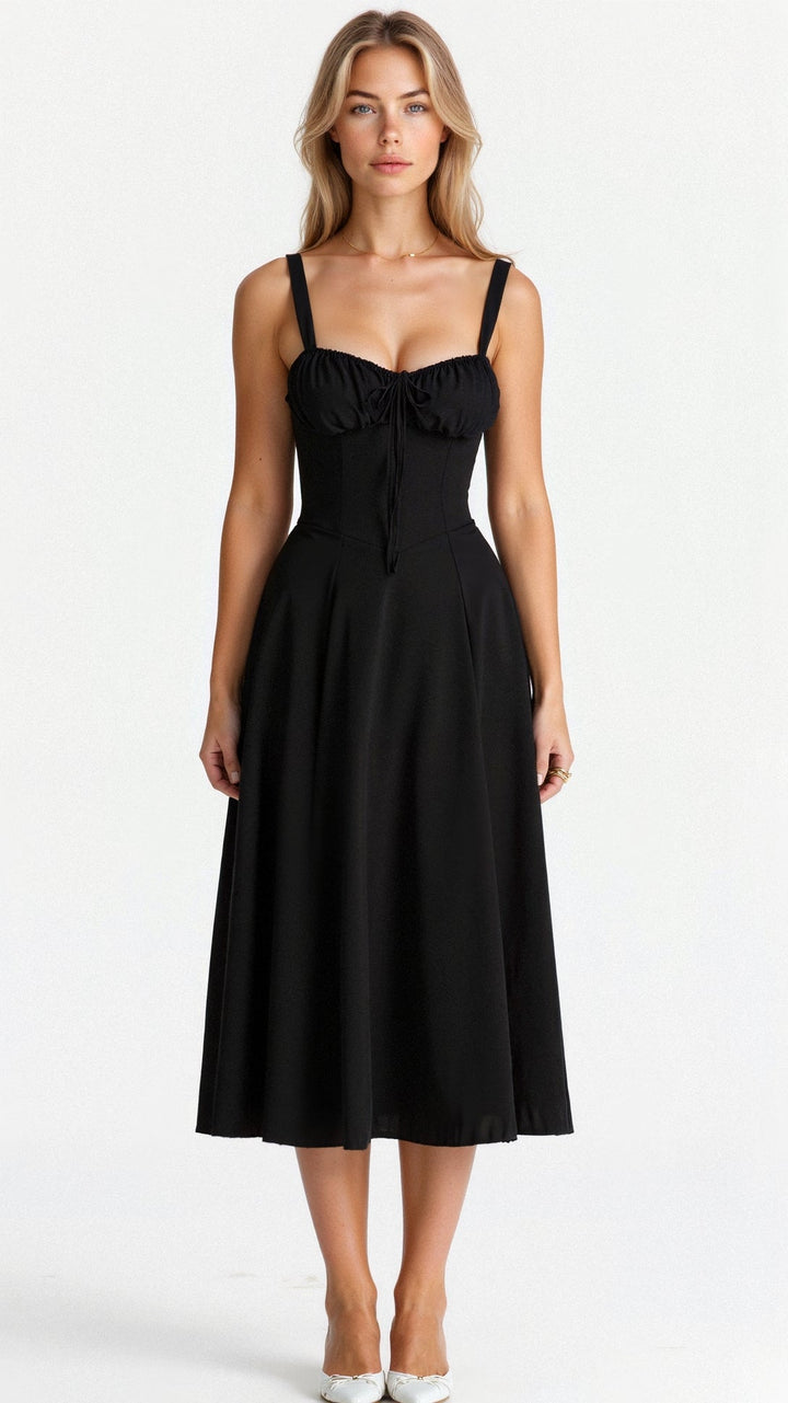 Stylish woman wearing a floral corset midi dress, perfect for day or evening events