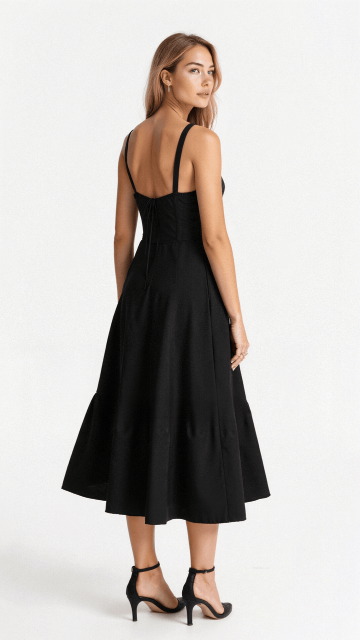 Side view of a women's floral midi dress, showcasing its elegant flowing silhouette