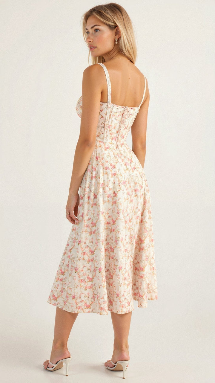 Detailed shot of the corset bodice on a floral midi dress, feminine and elegant