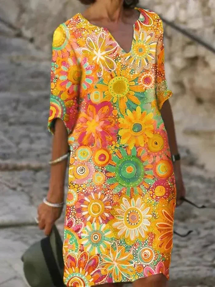 Vibrant floral evening dress for women, with tummy control. Elegant, flattering, and comfortable for special occasions.