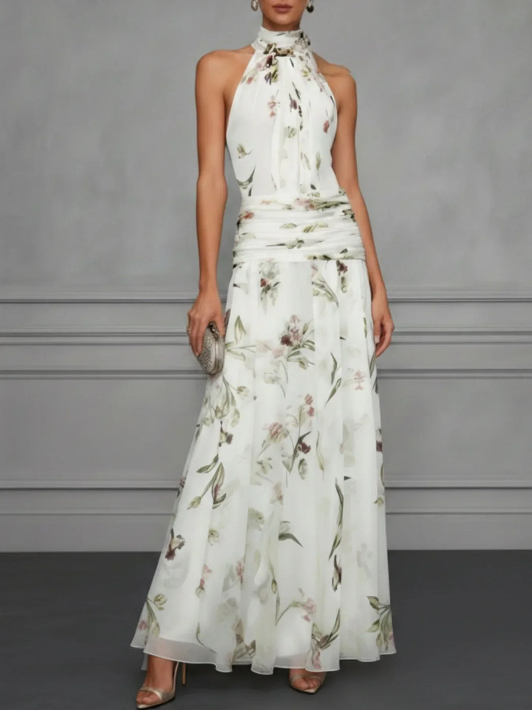 Vibrant floral halter maxi dress for women. Summer-ready design, perfect for elegant events & gatherings.