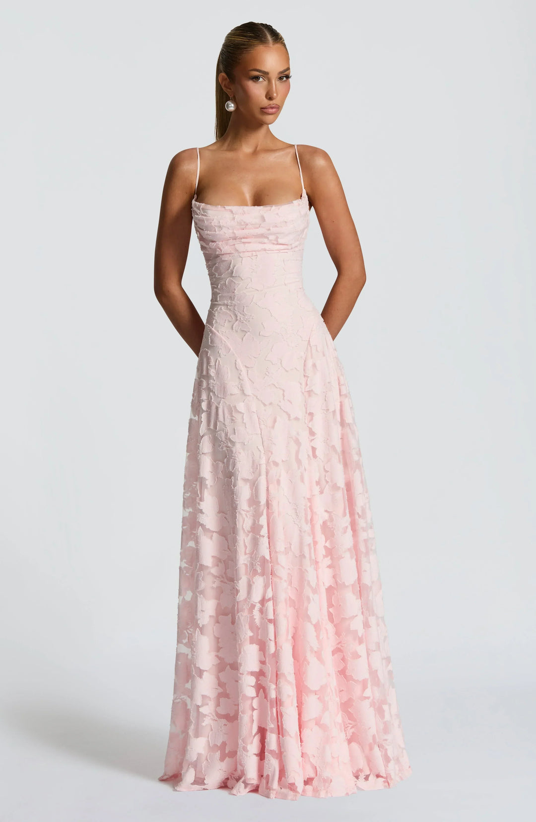 Formal women's floral jacquard maxi dress, a chic A-line gown for special events.