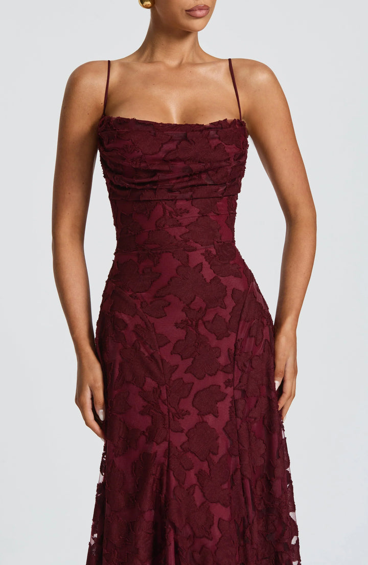 Strappy A-line floral jacquard gown, ideal for wedding guests & special occasions.