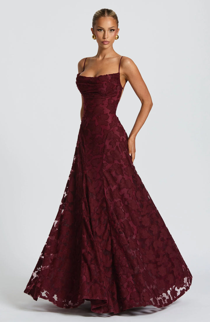Women's formal evening gown with intricate floral jacquard pattern, elegant and stylish.