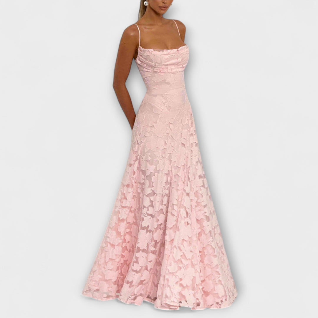 Luxurious women's A-line floral lace maxi dress, an elegant choice for special occasion party attire.