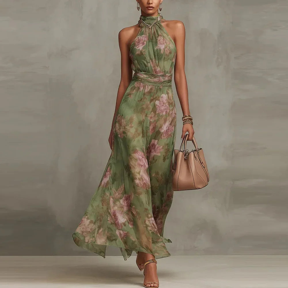 Vibrant floral print sleeveless maxi dress for women, featuring a chic halter and flattering ruched waist.