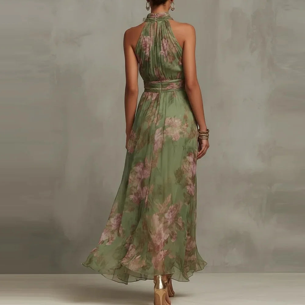 Stylish formal floral long dress, a sleeveless halter design with a ruched waist, ideal for parties or vacations.