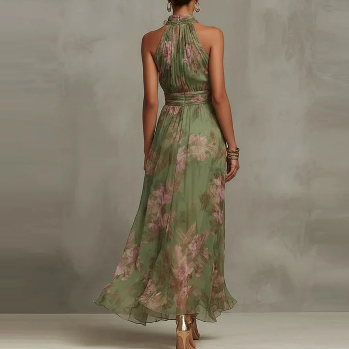 Stylish formal floral long dress, a sleeveless halter design with a ruched waist, ideal for parties or vacations.