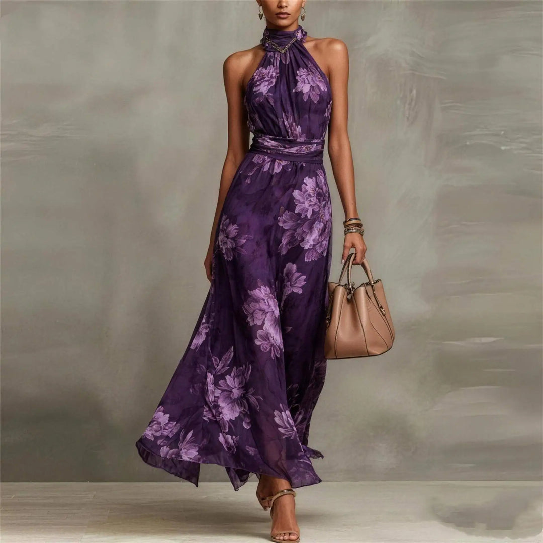 Beautiful women's floral pattern maxi dress. Halter neck, sleeveless, and ruched waist. Great for formal events.