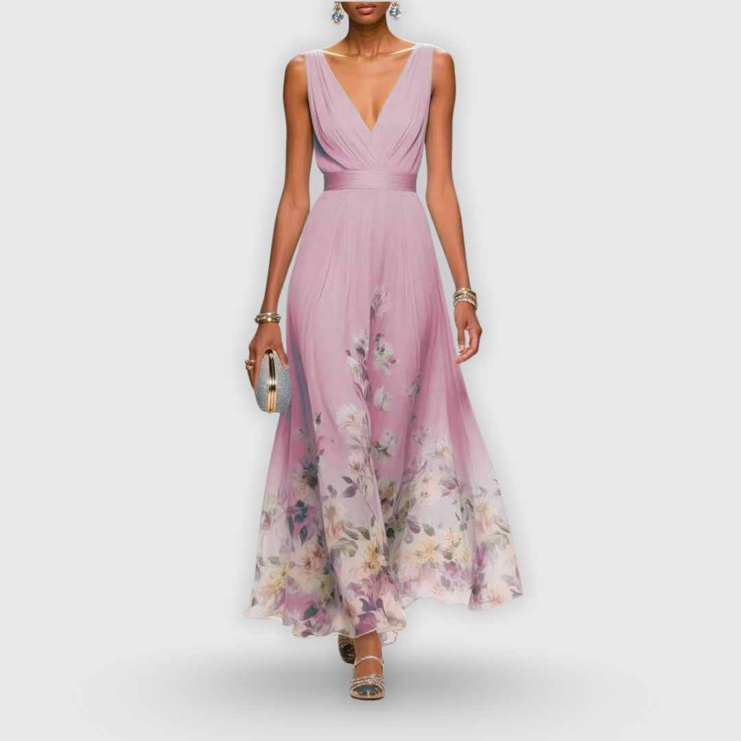 Women's a-line floral maxi dress with beautiful ombre print, elegant V-neck sleeveless gown for formal events.