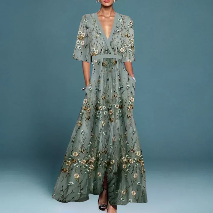 Elegant women's floral maxi wrap dress with a V-neck, perfect for summer, boho, or casual occasions.