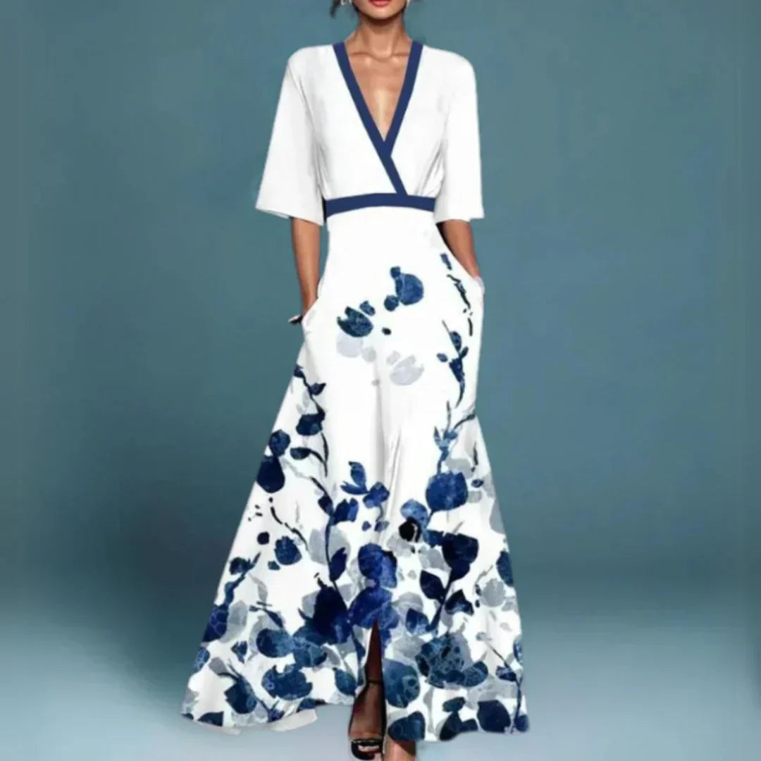 Long floral print wrap dress for women, a stylish V-neck maxi dress ideal for elegant summer or casual wear.